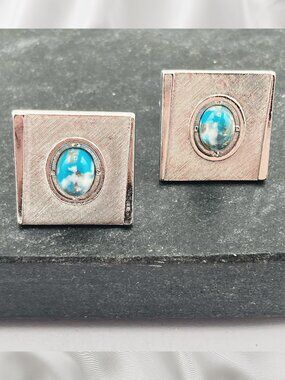 ANSON Vintage gold flecked turquoise lucite silver tone metal square cuff links